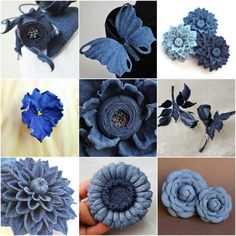 several pictures of blue flowers made from old jeans and other things that are being used as brooches