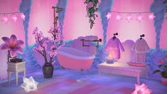 a pink bathroom decorated with stars and flowers