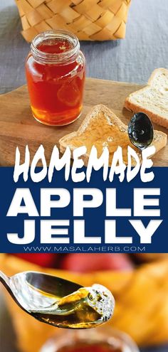 homemade apple jelly in a jar and spoon