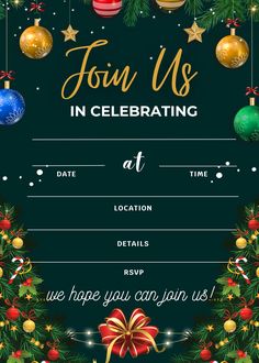 a christmas party flyer with ornaments and presents on the front, in gold lettering that reads four us in celebrating