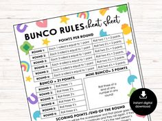 a printable bunco rules sheet on a wooden table