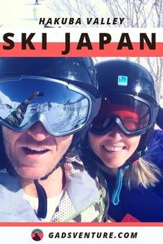 a man and woman wearing ski goggles with the words hakuba valley ski japan above them