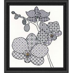 a cross stitch pattern with flowers and leaves in black frame on a white wallpaper