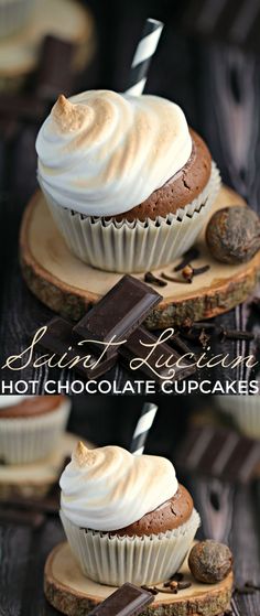 chocolate cupcakes with white frosting on top and one topped with whipped cream