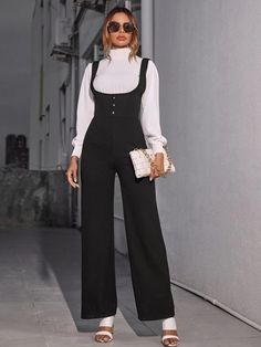 High Waist Button Front Wide Leg Suspender Jumpsuit | SHEIN USA Suspender Jumpsuit, Long Pant Jumpsuit, Sequin Rompers, Suspender Pants, Loose Jumpsuit, Sequin Pants, Shein Pants, Short Sleeve Jumpsuits, Flowy Pants