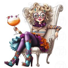 a drawing of a woman sitting in a chair holding a wine glass and looking at the camera