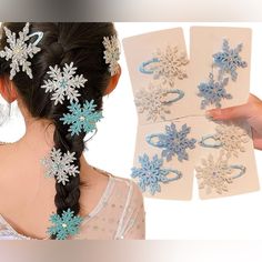 You Will Get 8 Pieces Of Snowflake Hair Clip For Christmas Hair Accessories It's Suitable For Any Kind Of Hair, No Matter Short Or Long, Thin Or Thick, Curly Or Straight Because These Clip On Hair Will Fit Like A Glove On Your Head. Will Be The Best Gift For Your Girls. The Snowflake Clip Is Covered With A Cloth That Won't Hurt Your Hair Suitable For Christmas Hair Decoration. Blue White Christmas, Snowflake Hair, Holiday Hair Accessories, New Year Hairstyle, Rhinestone Fabric, Hairpin Accessories, Christmas Hair Accessories, Holiday Snowflakes, Christmas Party Gift