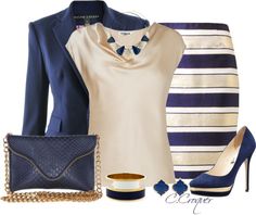 "Navy Stripes" by ccroquer on Polyvore Gold Top Outfit, Tan Outfit, Navy Blue Skirt, Top Outfit, Stylish Work Outfits, Gold Top, Navy Gold, Complete Outfits