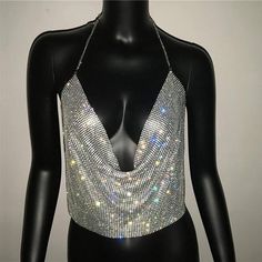 Metal Tank Top, Party Crop Tops, Metal Tank, Tank Top Pattern, Crop Top Women, Chain Dress, Rhinestone Top, Backless Crop Top, Festival Tops