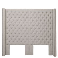 an upholstered headboard with buttons and beading on the sides, in grey linen