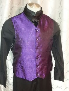 Black And Purple Mens Suit, Elegant Fitted Vest For Costume Party, Elegant Fitted Vest For Costume, Elegant Silk Vest For Formal Occasions, Formal Fitted Silk Vest, Silk Fitted Vest For Formal Occasions, Elegant Black Vest For Costume, Black Elegant Vest For Costume, Elegant Black Vest For Costume Party