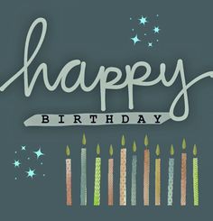 a happy birthday card with candles and stars on the dark blue background, says happy birthday