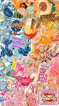 a collage of various stickers and food items