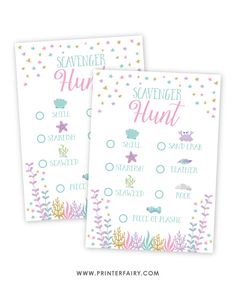 two printable scavenger hunt cards with mermaid theme