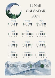 a calendar with mountains and trees in the background