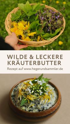 a bowl filled with green and yellow flowers next to a basket full of wildflowers