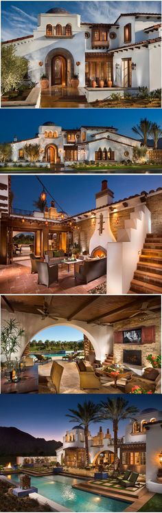 four different views of the outside of a house at night and in front of an outdoor swimming pool