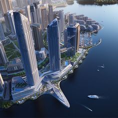 an artist's rendering of a futuristic city on the edge of a body of water