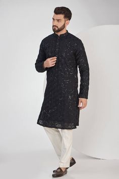 Black georgette kurta with chikankari and sequins embroidery. - Aza Fashions Eid Georgette Kurta With Sequins, Designer Georgette Kurta With Sequins, Designer Georgette Sequin Kurta, Bollywood Style Sequined Georgette Kurta, Resham Embroidery Georgette Sherwani For Festivals, Festive Sherwani With Resham Embroidery In Georgette, Long Sleeve Georgette Salwar Kameez With Sequins, Elegant Sequined Kurta For Navratri, Sequined Straight Kurta In Georgette