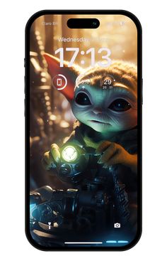 an iphone with the image of baby yoda on it's screen and text that reads