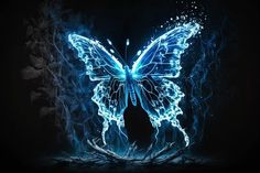 a blue butterfly is glowing in the dark