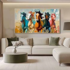 Large Colorful Running Horses Oil Painting for Sale Modern Colorful Horses Canvas Wall Art Decor Interior Texture Walls, Textured Art Canvas, Minimalist Oil Painting, Oil Painting Living Room, 3d Abstract Art, Painting Textured Walls, Living Room Colorful, Horse Oil Painting, Horse Wall Art Canvases