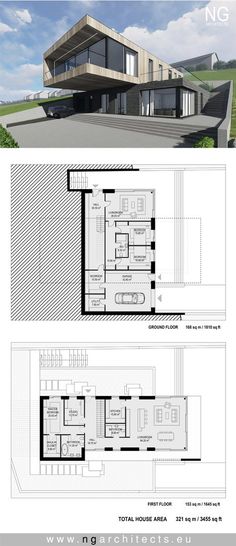 the floor plan for this modern house is very large and has two levels that are connected to