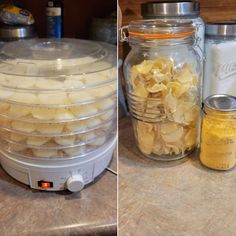 there are two pictures side by side with food in the jars and on the counter