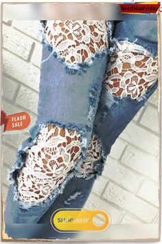 an advertisement with ripped jeans and lace on them