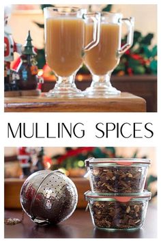 mulling spices in glass cups and on the table with christmas decorations behind them,