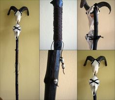 four different pictures of an animal's skull mounted on a metal pole with horns