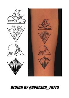 a tattoo design with mountains and trees on the back of his arm, which is shown below