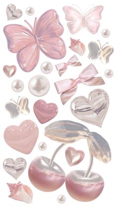 some pink and white heart shaped objects on a white background with pearls, beads and butterflies