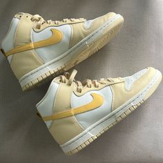 These Subtle Yellow Hightops Are Neutral Enough To Go With Anything While Still Adding A Subtle Pop Of Color! These Have Only Been Worn 1-2 Times But Are Practically In Brand New Condition! Yellow Tennis Shoes, Shoes Neutral, Shoes Wishlist, Panda Shoes, White Slip On Sneakers, Yellow Sneakers, Nike Yellow, Yellow Nikes, Shoe Wishlist