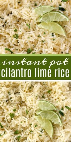 rice with limes and cilantro in a white bowl next to a green border