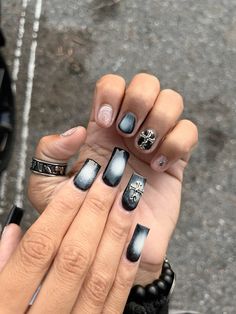 Black Matching Couple Nail Set #emo #airbrush #medium #shorts Nail Ideas Tomboy, Couple Nail Designs, Matching Couples Things, Matching Couple Nail Designs, Couple Nail Sets, Bc And Gf Matching Nails, Matching Couple Nails Goth, Guy And Girl Matching Nails