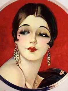 a painting of a woman with red lipstick and earrings on it's face, in front of a red background