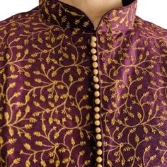 This Wine Color Men’s Indian Ethnic Wear Designed For Special Occasions Such As Weddings, Anniversaries, Festivals, Birthday Parties, Etc. You Will Look Your Best With Our Collection Of The Latest Indian Styles. The Embroidered Silk Kurta Set Has A Beautiful Embroidered Work On Collar And Sleeves. The Kurta Is Paired With Comfortable Same Color Pajamas That Has A Relaxed Fit Through The Seat And Legs For Absolute Comfort. The Kurta Set Is Wine Color With Gold Embroidered Design. Purple Long Sleeve Traditional Wear With Embroidered Border, Embroidered Purple Kurta For Transitional Season, Embroidered Purple Traditional Wear For Ceremonial Use, Multicolor Embroidered Sherwani For Festivals, Traditional Purple Sherwani For Diwali, Silk Kurta Set, Pakistani Kurta, Kurta Style, Wedding Sherwani