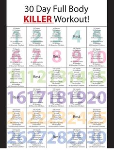 the 30 day full body killer workout plan is shown in this screenshoter image