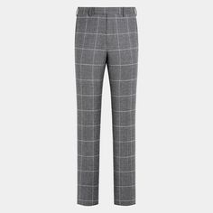 This mid-grey checked suit is cut to a tailored fit, offering a slim chest and waist for a fitted silhouette with padded shoulders. Paired with straight-leg trousers featuring a mid-rise and flat front. Classic Fitted Plaid Pants, Classic Houndstooth Formal Pants, Classic Formal Houndstooth Pants, Elegant Fitted Pants With Houndstooth Pattern, Elegant Plaid Pants For Business, Elegant Fitted Houndstooth Pants, Elegant Plaid Pants For Formal Occasions, Elegant Fitted Plaid Pants, Tailored Plaid Pants For Formal Occasions