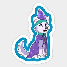 a purple and blue sticker with a cartoon cat wearing a hat on it's head