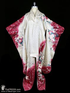 "www.TheFROCK.com www.CTMadrigal.com www.amazon.com/author/ctmadrigal Vintage silk furisode kimono robe, coat, or dressing gown with pink and teal and other flowers decorating an ivory silk damask that transitions to a rich wine color at its edges. Silk interior. Condition is excellent with only an occasional small faint discolor amid the complex patterns, and other age-appropriate wear. Measures about 47\" around where tied and 64\" long. Layaway is available. Age-appropriate wear on vintage an Furisode Kimono, Ivory Silk, Vintage Fur, Burgundy Floral, Wine Color, Vintage Kimono, Dressing Gown, Floral Flower, Silk Chiffon