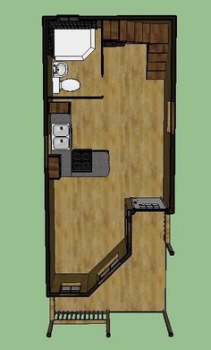 the floor plan for a small cabin with a kitchenette and living room in it