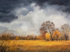 a painting of a field with trees and clouds in the background