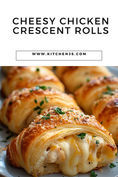 cheesy chicken crescent rolls on a plate with text overlay that reads, cheesy chicken crescent rolls