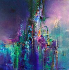 an abstract painting with blue, purple and green colors