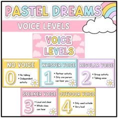 a poster with the words pastel dreams, voice levels and number 1 to 10