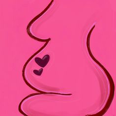 a painting of a pregnant woman's stomach with two hearts on the side, against a pink background