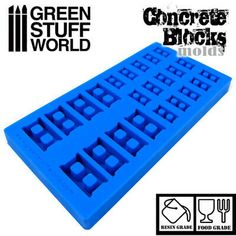 an image of a blue ice tray with the words, green stuff world on it