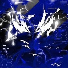 an abstract blue and white background with birds flying in the air above it, surrounded by hexagonal shapes